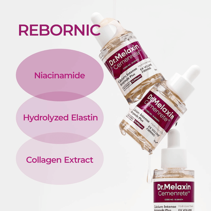 Dr. Melaxin Cemenrete Calcium Intense Ampoule Plus με νιασιναμίδη, υδρολυμένη ελαστίνη και εκχύλισμα κολλαγόνου, αναπτυγμένο για πιο σφιχτό δέρμα και βελτιωμένη ελαστικότητα.