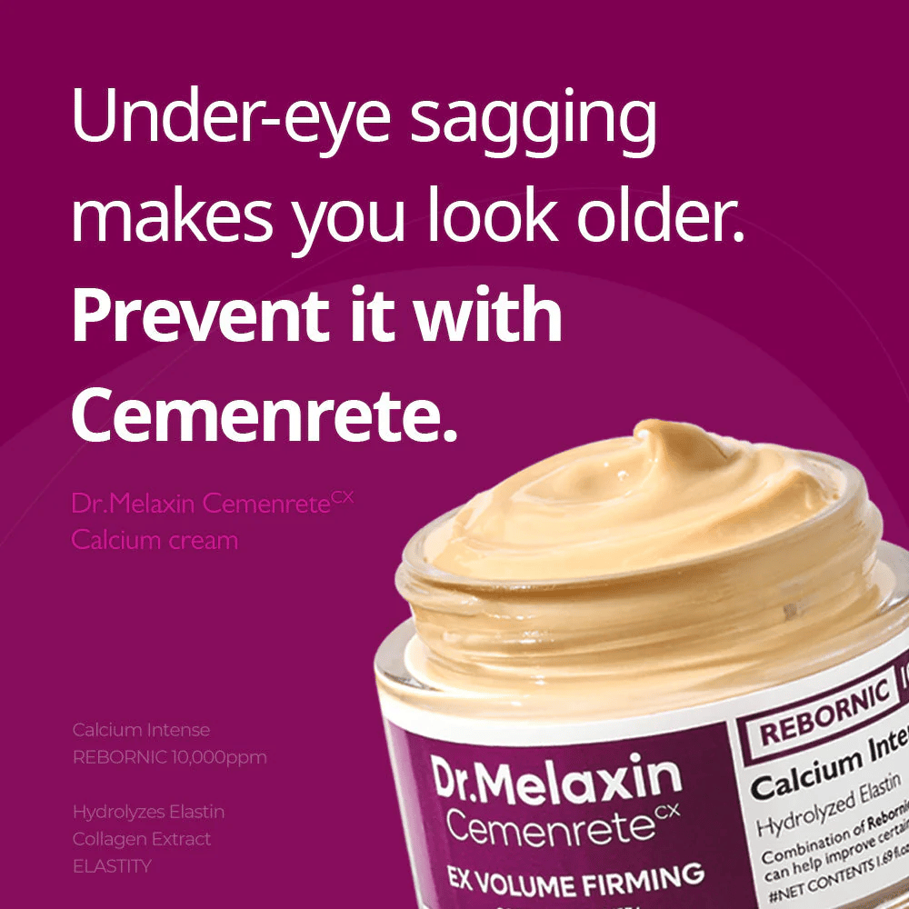 Dr.Melaxin Cemenrete Calcium Intense Cream με κείμενο για σύσφιξη κάτω από τα μάτια, απεικονίζει την εστίαση της κρέμας στη σφριγηλότητα, τον όγκο και την πρόληψη της χαλάρωσης του δέρματος.