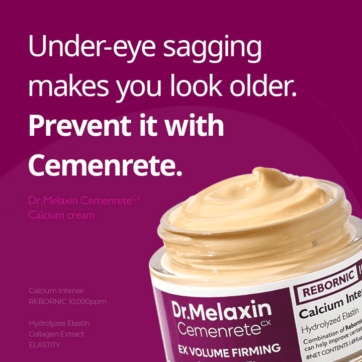 Dr.Melaxin Cemenrete Calcium Intense Cream με κείμενο για σύσφιξη κάτω από τα μάτια, απεικονίζει την εστίαση της κρέμας στη σφριγηλότητα, τον όγκο και την πρόληψη της χαλάρωσης του δέρματος.