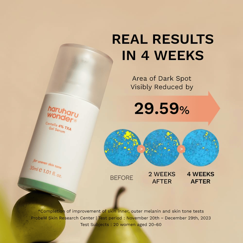 3. Haruharu Wonder Centella 4% TXA Dark Spot Go Away Serum – αποτέλεσμα μετά από τέσσερις εβδομάδες με μειωμένη ορατότητα των σκούρων κηλίδων