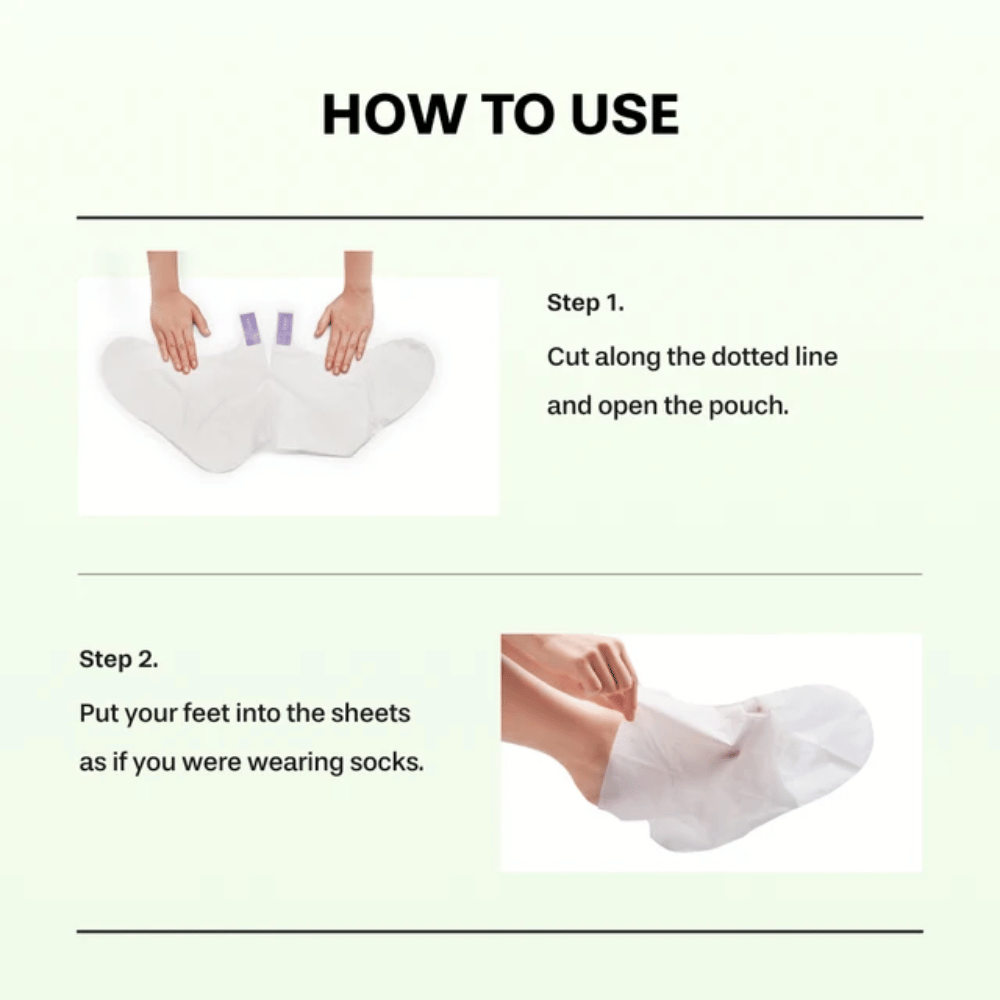 2. Baren Centella Deep Soothing Ritual Foot Mask – βήματα 1 και 2 που δείχνουν πώς ανοίγει η συσκευασία και πώς φοριούνται οι μάσκες ποδιών σαν κάλτσες