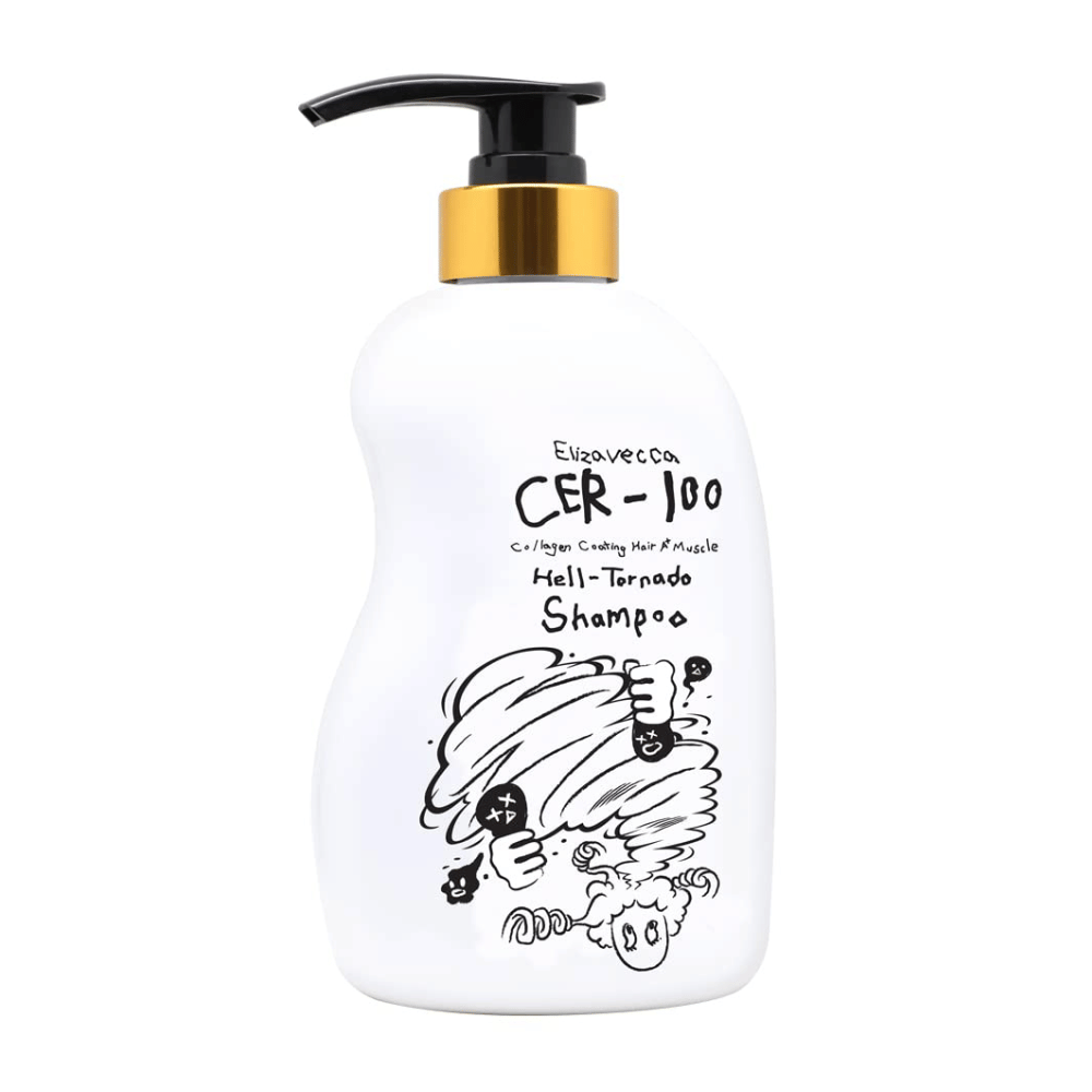 Εικόνα προϊόντος του Elizavecca CER-100 Collagen Coating Hair A+ Muscle Helltornado Shampoo σε λευκό φόντο. Η συσκευασία φαίνεται καθαρά με φιάλη αντλίας και τη χαρακτηριστική εικονογράφηση που διακρίνει τη σειρά.