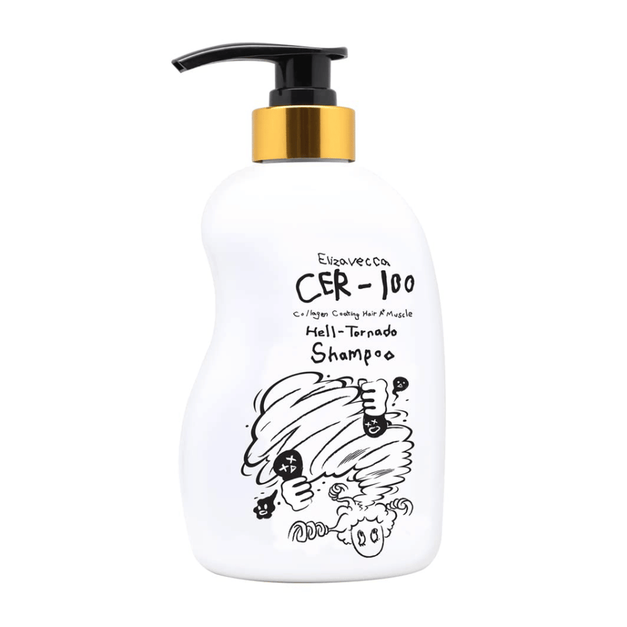 Εικόνα προϊόντος του Elizavecca CER-100 Collagen Coating Hair A+ Muscle Helltornado Shampoo σε λευκό φόντο. Η συσκευασία φαίνεται καθαρά με φιάλη αντλίας και τη χαρακτηριστική εικονογράφηση που διακρίνει τη σειρά.