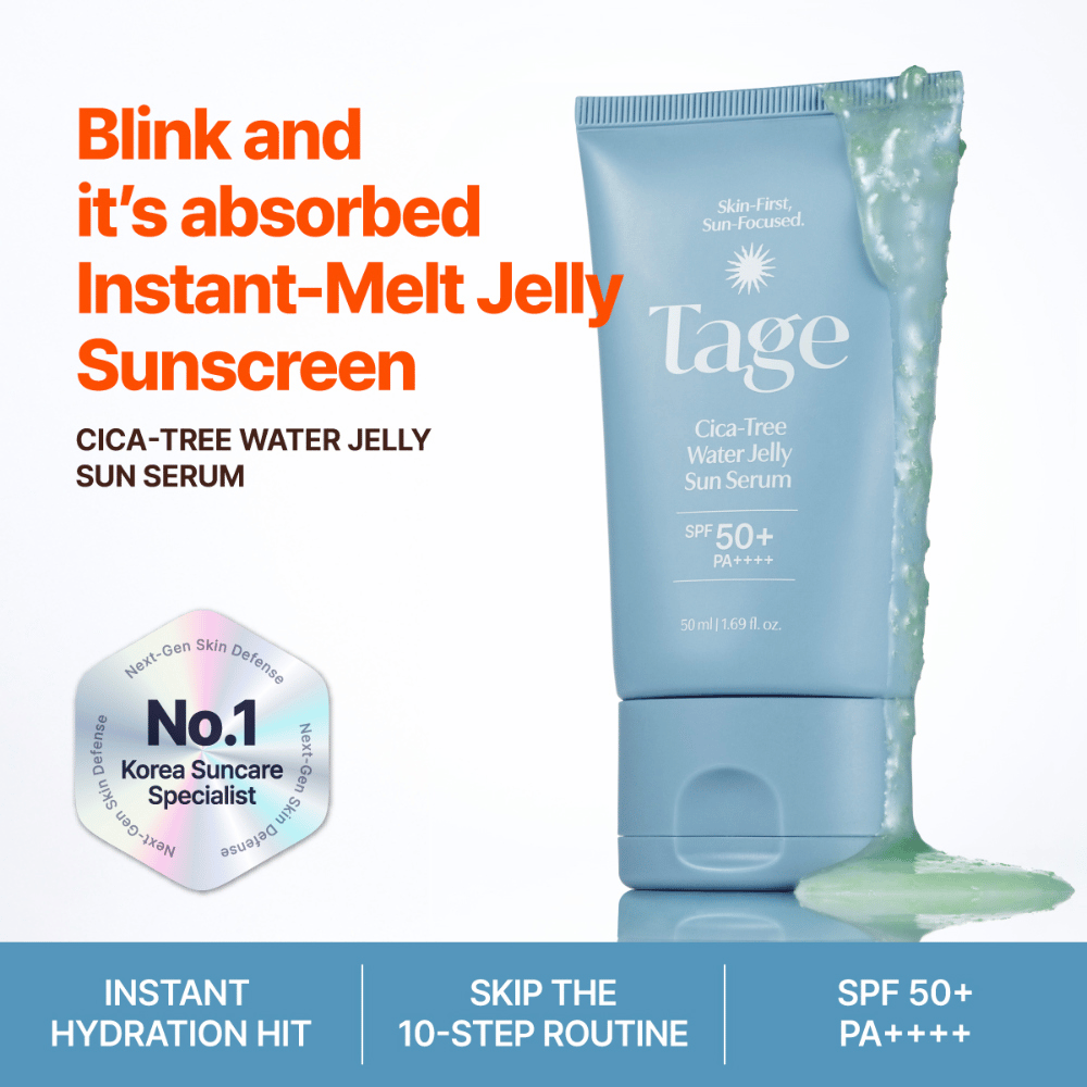 Tage Cica-Tree Water Jelly Sun Serum SPF 50+ με ελαφριά υφή ζελέ. Μπλε σωληνάριο αντηλιακού με πράσινο ζελέ που δείχνει την υφή του προϊόντος.