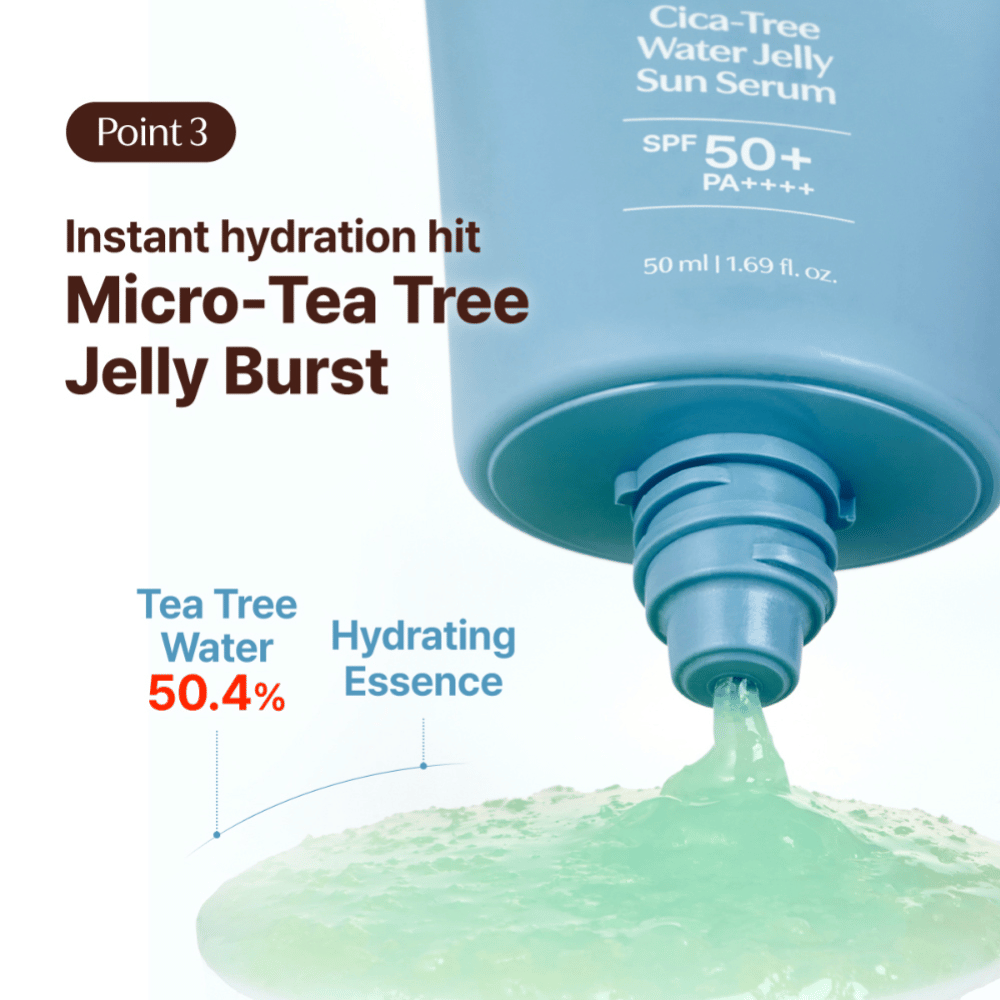Tage Cica-Tree Water Jelly Sun Serum SPF 50+ με 50,4% νερό tea tree. Κοντινό πλάνο σε πράσινο, ενυδατικό ζελέ που πιέζεται έξω από το σωληνάριο.
