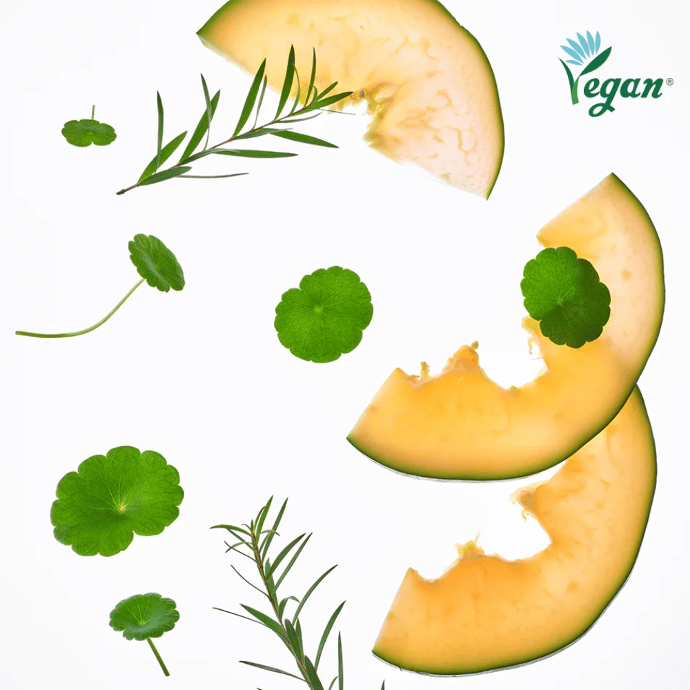 Vegan περιποίηση δέρματος με πεπόνι, centella asiatica και φυτικά εκχυλίσματα που καταπραΰνουν την επιδερμίδα και προσφέρουν ενυδάτωση.