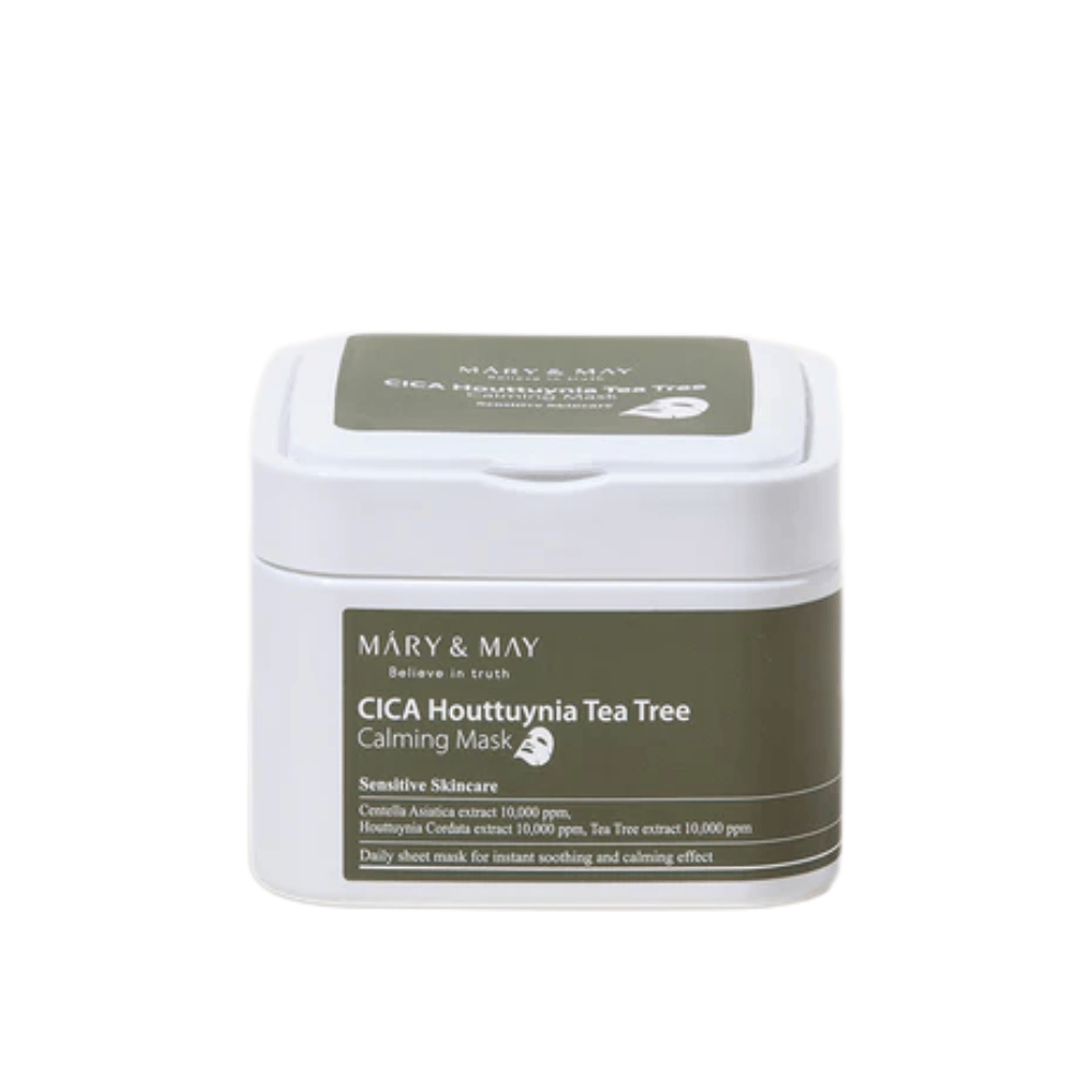 Mary & May Cica Houttuynia Tea Tree Calming Mask – βάζο με καταπραϋντικές sheet μάσκες για ευαίσθητο δέρμα, εμπλουτισμένες με centella, houttuynia και εκχύλισμα tea tree.