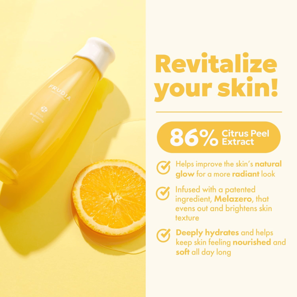 FRUDIA Citrus Brightening Toner με 86% εκχύλισμα φλούδας εσπεριδοειδών – ενυδατικό και λαμπερό τονωτικό που βελτιώνει τη φυσική λάμψη του δέρματος και προσφέρει απαλό, λαμπερό δέρμα.