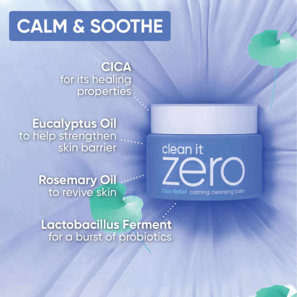 Εικόνα πληροφοριών για το Clean It Zero Cica-Relief Calming Cleansing Balm που τονίζει καταπραϋντικά συστατικά όπως CICA, έλαιο ευκαλύπτου, έλαιο δεντρολίβανου και lactobacillus ferment για ενισχυμένο φράγμα δέρματος.