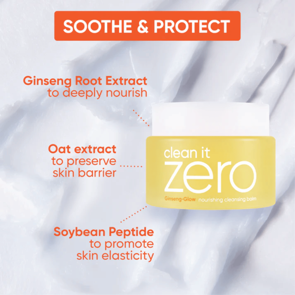Clean It Zero Ginseng-Glow Cleansing Balm από BANILA CO με ginseng, εκχύλισμα βρώμης και πεπτίδια σόγιας, σχεδιασμένο για να καταπραΰνει, να προστατεύει και να ενισχύει το φράγμα του δέρματος ενώ διαλύει το μακιγιάζ και τη βρωμιά.