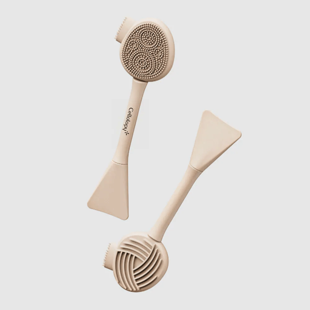 2. Cellolopy Cleaning Brush – μπροστινή και πίσω πλευρά πολυλειτουργικής βούρτσας καθαρισμού με σιλικονούχες τρίχες, ραβδωτή επιφάνεια και σπάτουλα