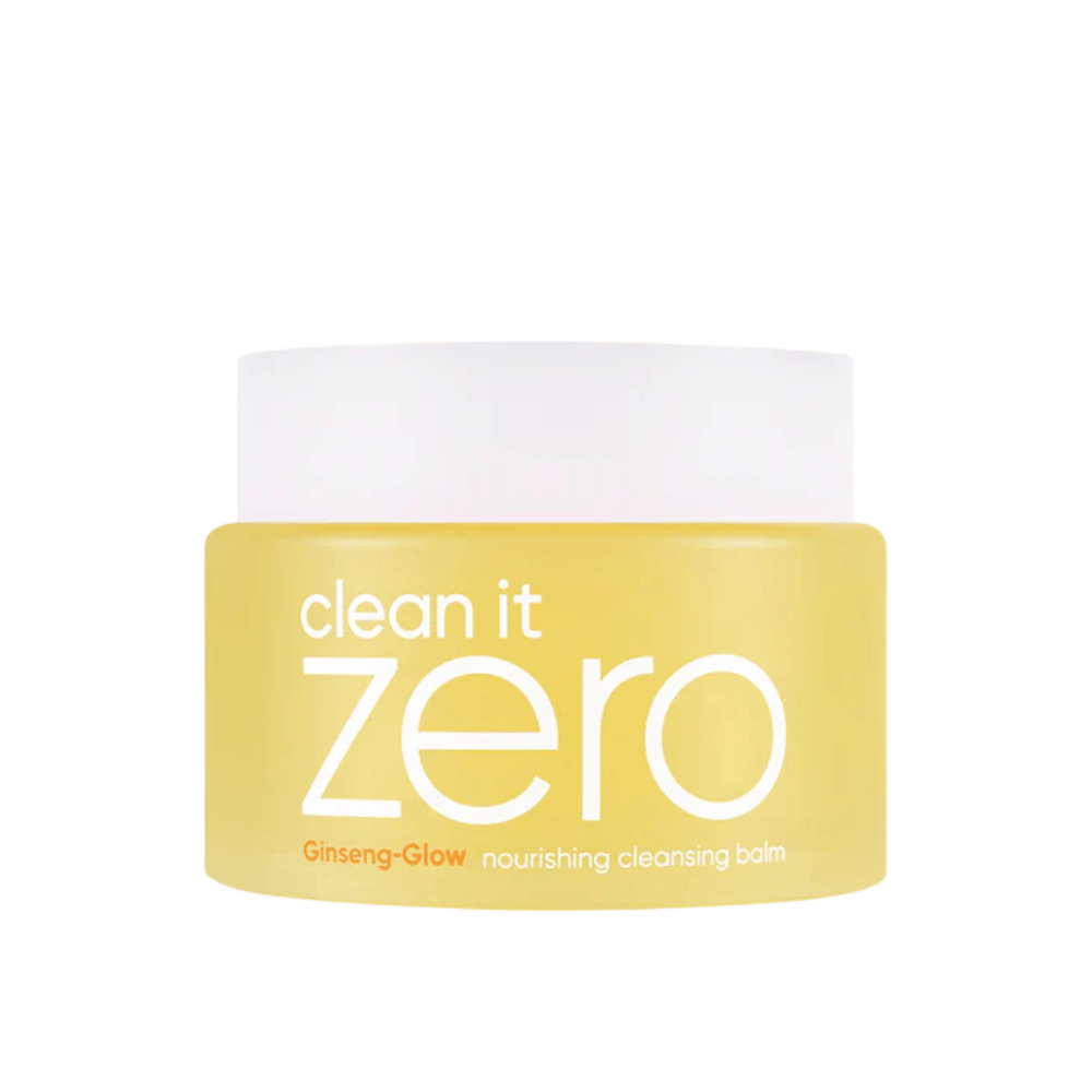 Clean It Zero Ginseng-Glow Nourishing Cleansing Balm σε κίτρινο δοχείο σε λευκό φόντο, ένα ενυδατικό καθαριστικό βάλσαμο από BANILA CO που αφαιρεί αποτελεσματικά το μακιγιάζ και τις ακαθαρσίες.