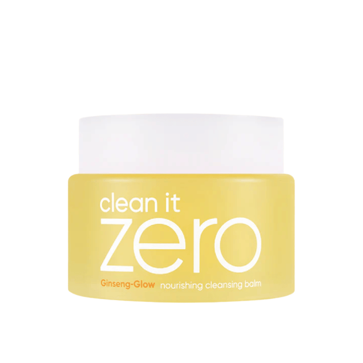 Clean It Zero Ginseng-Glow Nourishing Cleansing Balm σε κίτρινο δοχείο σε λευκό φόντο, ένα ενυδατικό καθαριστικό βάλσαμο από BANILA CO που αφαιρεί αποτελεσματικά το μακιγιάζ και τις ακαθαρσίες.