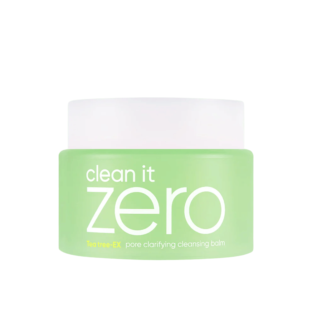 Clean It Zero Tea Tree-EX Pore Clarifying Cleansing Balm σε πράσινο δοχείο με λευκό φόντο, σχεδιασμένο για λιπαρό και συνδυασμένο δέρμα που χρειάζεται ισορροπητικό και καθαριστικό πόρων.