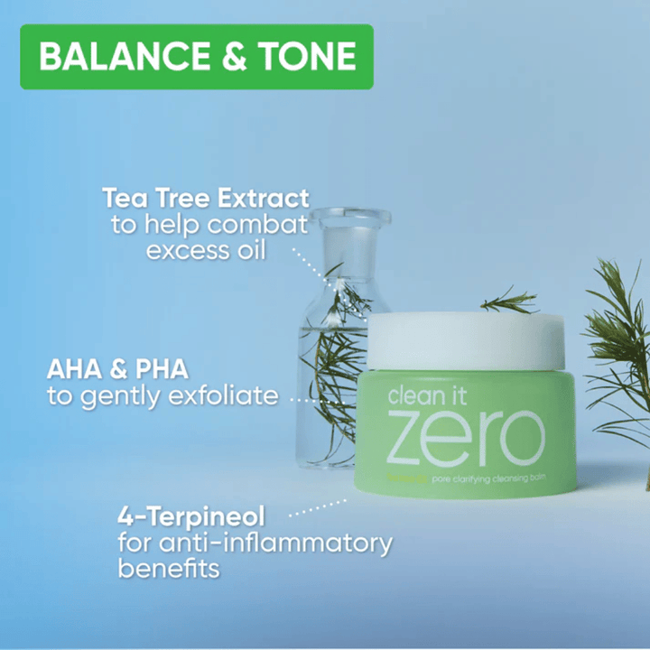 Clean It Zero Pore Clarifying Cleansing Balm με εκχύλισμα Tea Tree, AHA και PHA που ισορροπούν το δέρμα, μειώνουν την υπερβολική λιπαρότητα και απολεπίζουν απαλά για καθαρότερο τόνο δέρματος.