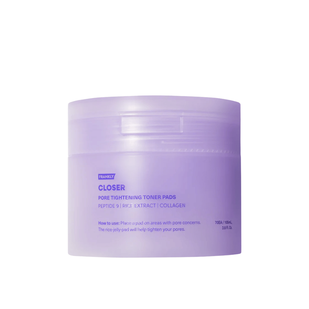 Εικόνα προϊόντος του FRANKLY Closer Pore Tightening Toner Pads σε μωβ δοχείο. Pads τόνωσης με πεπτίδια, εκχύλισμα ρυζιού και κολλαγόνο για βελτίωση των πόρων.
