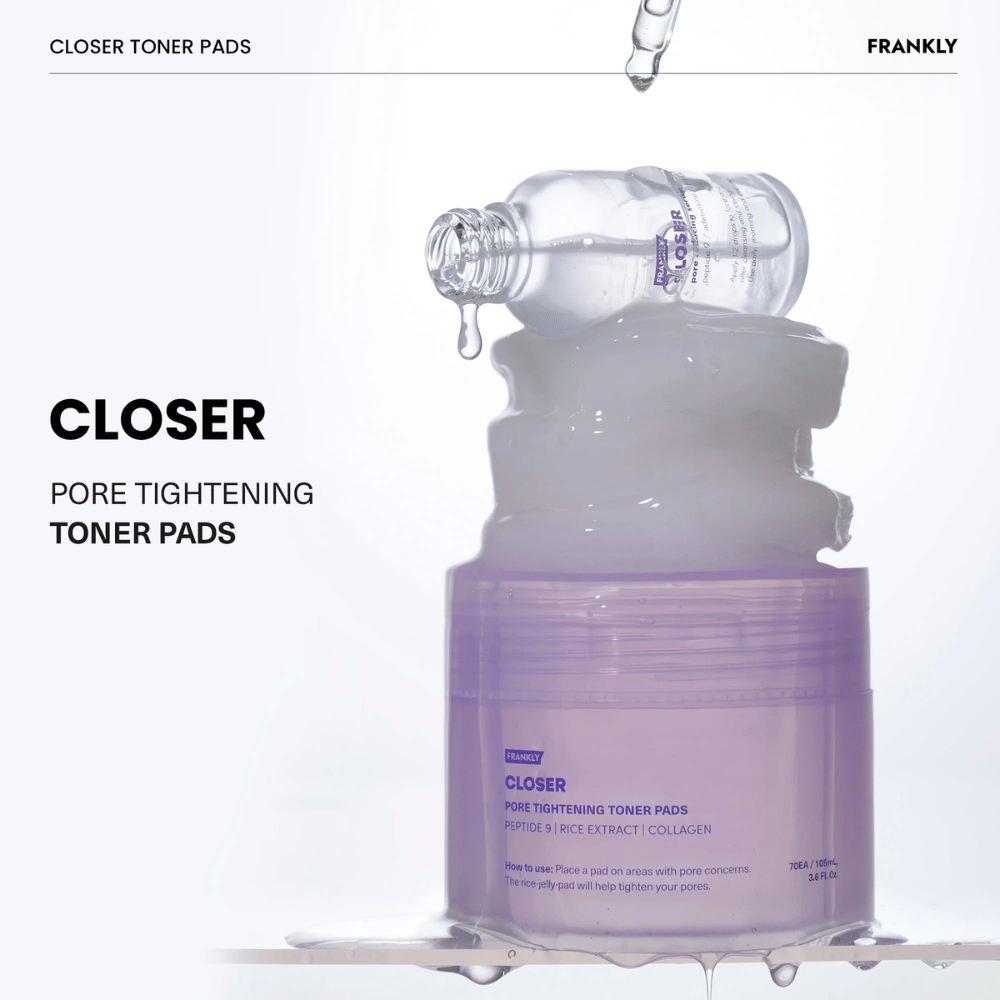 FRANKLY Closer Toner Pads με τόνερ που στάζει. Δείχνει το προϊόν γεμάτο με ενυδατική ουσία για βελτίωση των πόρων και αναζωογονημένο δέρμα.