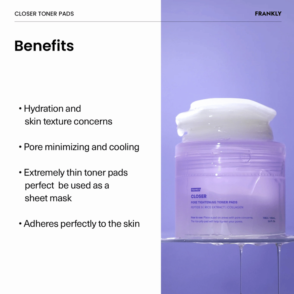 Μωβ δοχείο με FRANKLY Closer Toner Pads γεμάτο με λεπτά, ενυδατικά pads. Το κείμενο περιγράφει οφέλη όπως μείωση των πόρων και ψυκτική επίδραση.