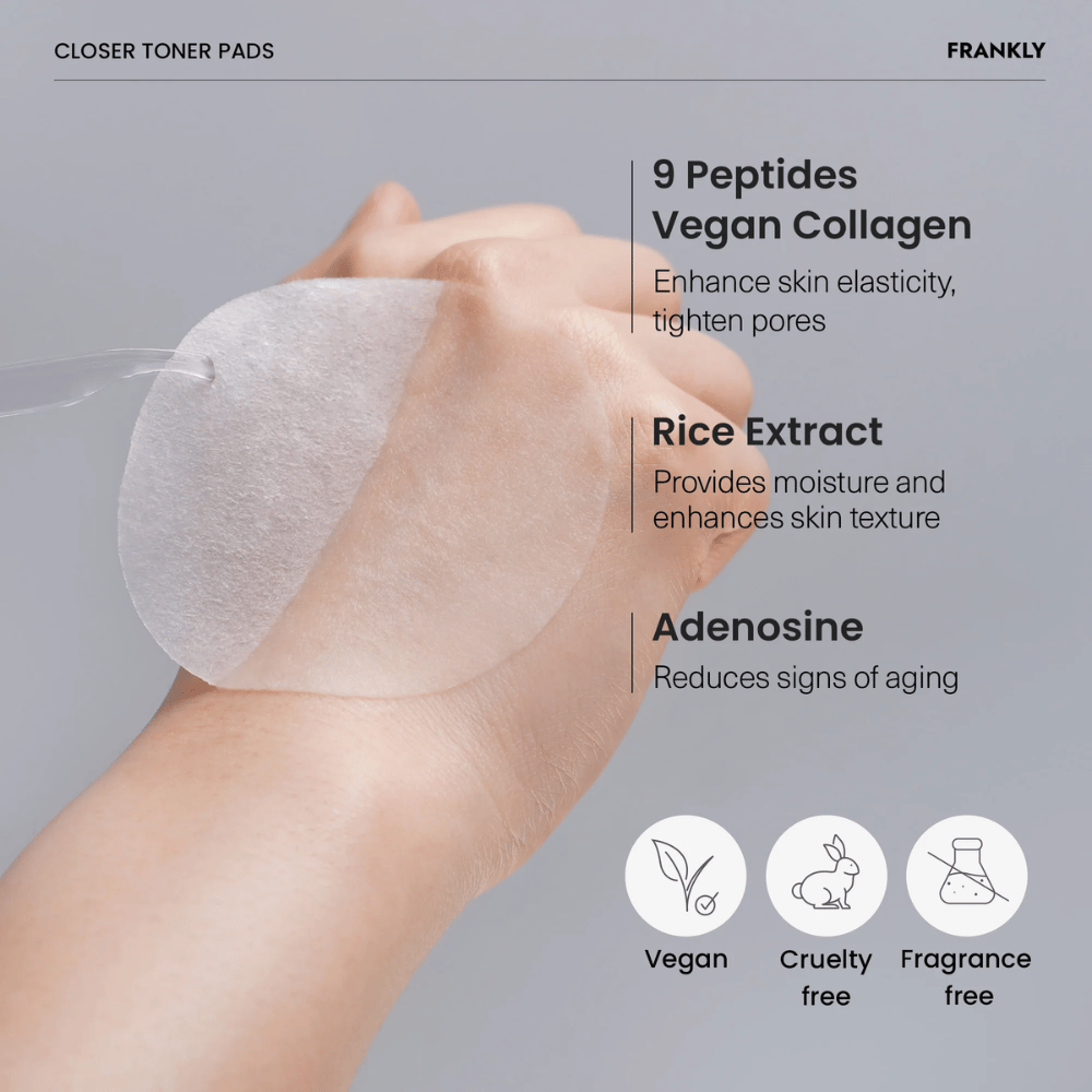 Κοντινό πλάνο σε FRANKLY Closer Toner Pad στο χέρι. Το κείμενο δείχνει συστατικά όπως 9 πεπτίδια, vegan κολλαγόνο, εκχύλισμα ρυζιού και αδενοσίνη. Vegan και cruelty-free.