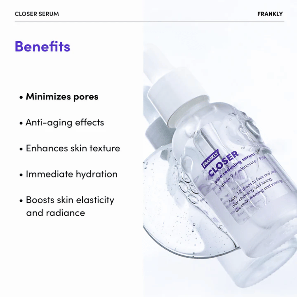 FRANKLY Closer Serum σε διαφανή φιάλη σε γυαλιστερή επιφάνεια. Το κείμενο αναδεικνύει τα πλεονεκτήματα όπως οι ελαχιστοποιημένοι πόροι, η ενυδάτωση και η βελτιωμένη υφή του δέρματος.