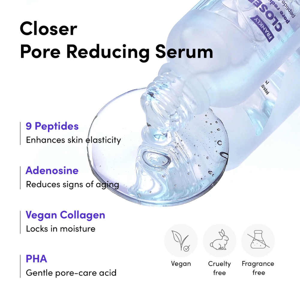 Κοντινή εικόνα του FRANKLY Closer Pore Reducing Serum με συστατικά: 9 πεπτίδια, αδενοσίνη, βίγκαν κολλαγόνο και PHA. Βίγκαν και cruelty-free φόρμουλα.