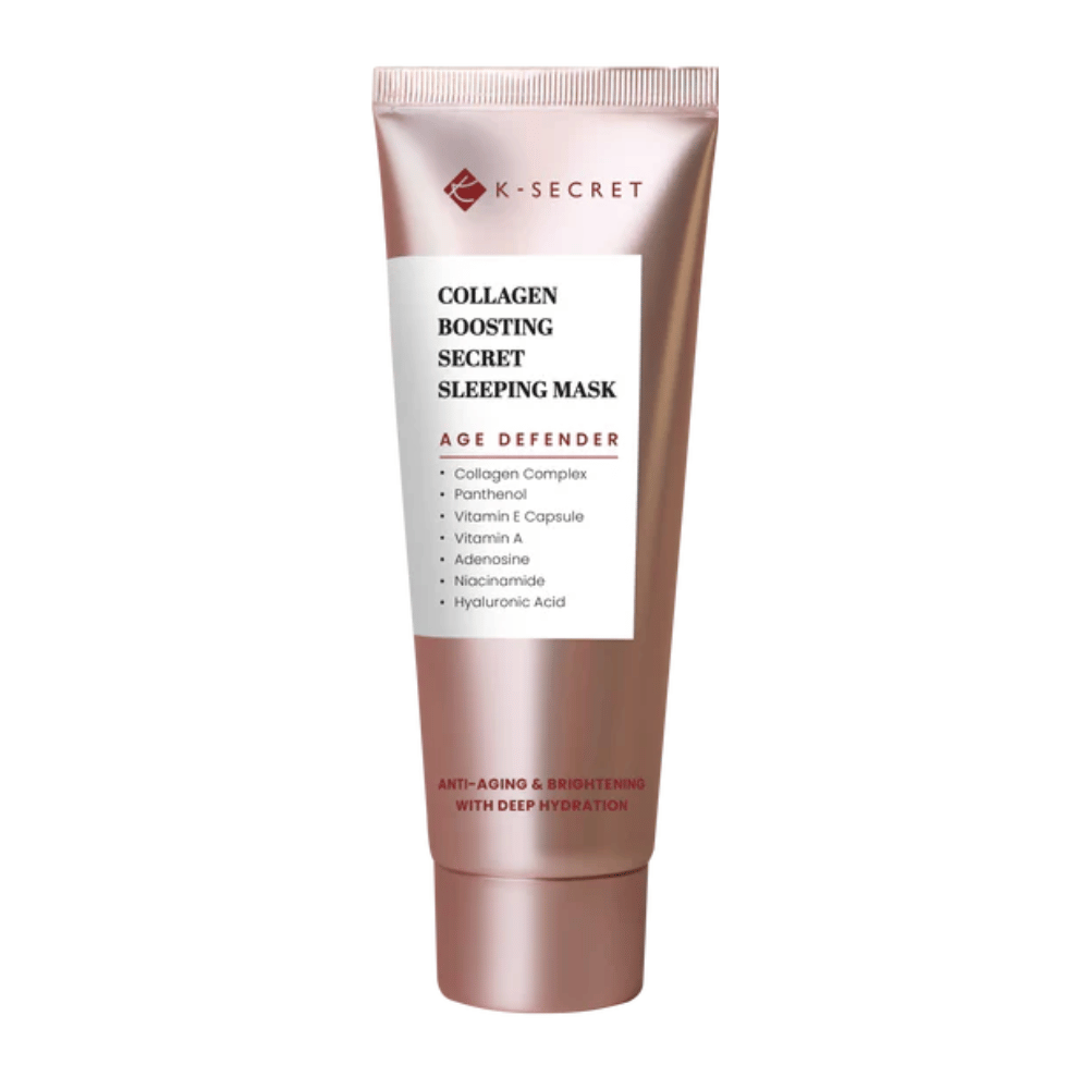 Εικόνα προϊόντος στο K-SECRET Collagen Boosting Secret Sleeping Mask σε σωληνάριο ροζ χρυσού με κείμενο που αναδεικνύει την αντιγήρανση, την ενυδάτωση και συστατικά όπως κολλαγόνο, πανθενόλη και υαλουρονικό οξύ.
