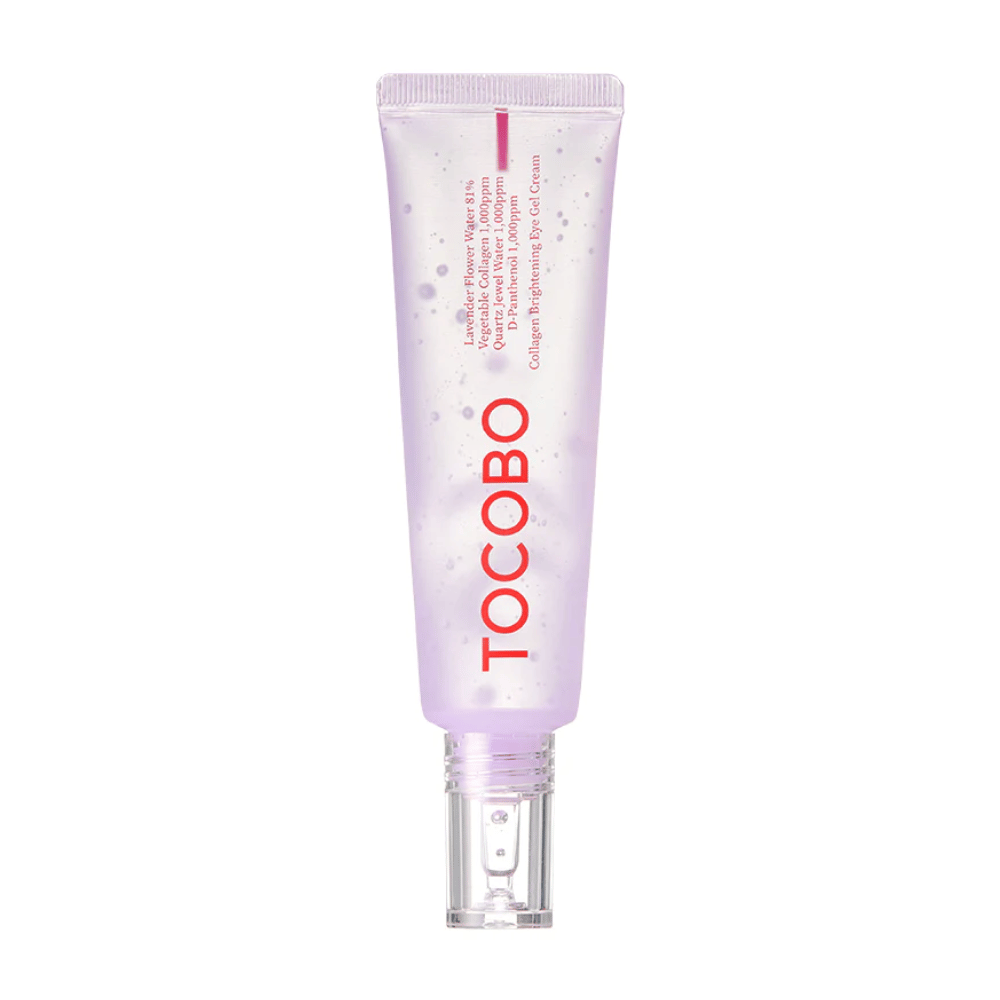 Το προϊόν στην εικόνα είναι "Collagen Brightening Eye Gel Cream" από TOCOBO. Είναι ένα τζελ ματιών σε μωβ σωληνάριο με λευκές κουκίδες, σχεδιασμένο για να φωτίζει και να βελτιώνει την εμφάνιση του δέρματος γύρω από τα μάτια.