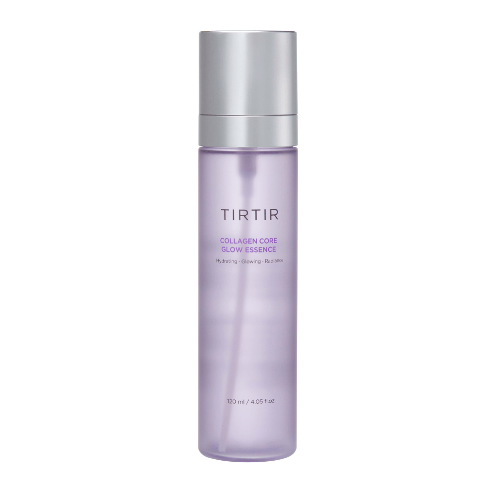 Εικόνα προϊόντος στο TIRTIR Collagen Core Glow Essence – μια λάμψης essence σε κομψό μωβ μπουκάλι που ενυδατώνει και βελτιώνει την ελαστικότητα του δέρματος.