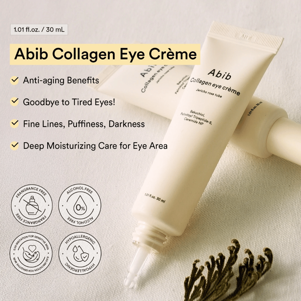 Abib Collagen Eye Crème με κείμενο για αντιγήρανση και εντατική ενυδάτωση για την περιοχή των ματιών. Χωρίς αλκοόλ, άρωμα και υποαλλεργικό.