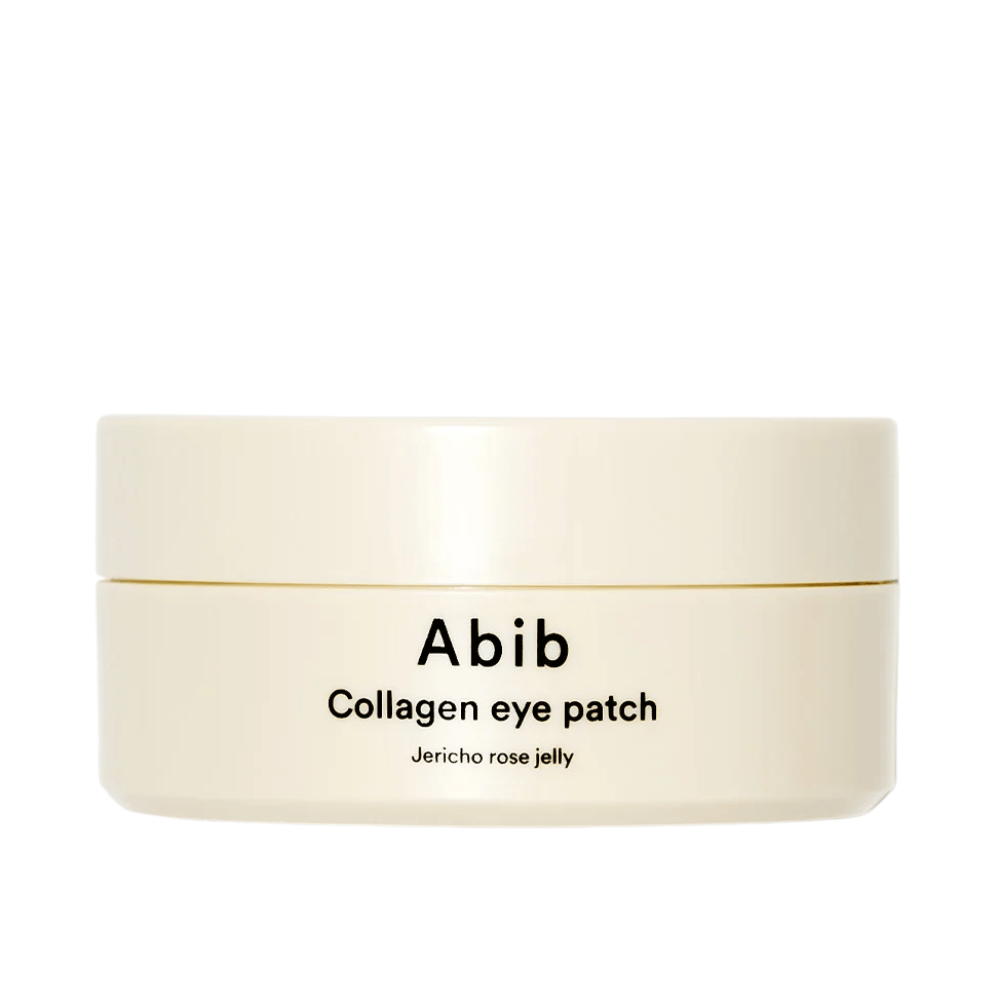 Συσκευασία του Abib Collagen Eye Patch Jericho Rose Jelly - ένα μπεζ δοχείο με μαύρο κείμενο, σχεδιασμένο για να φροντίζει την περιοχή κάτω από τα μάτια με κολλαγόνο και ενυδατικά συστατικά.