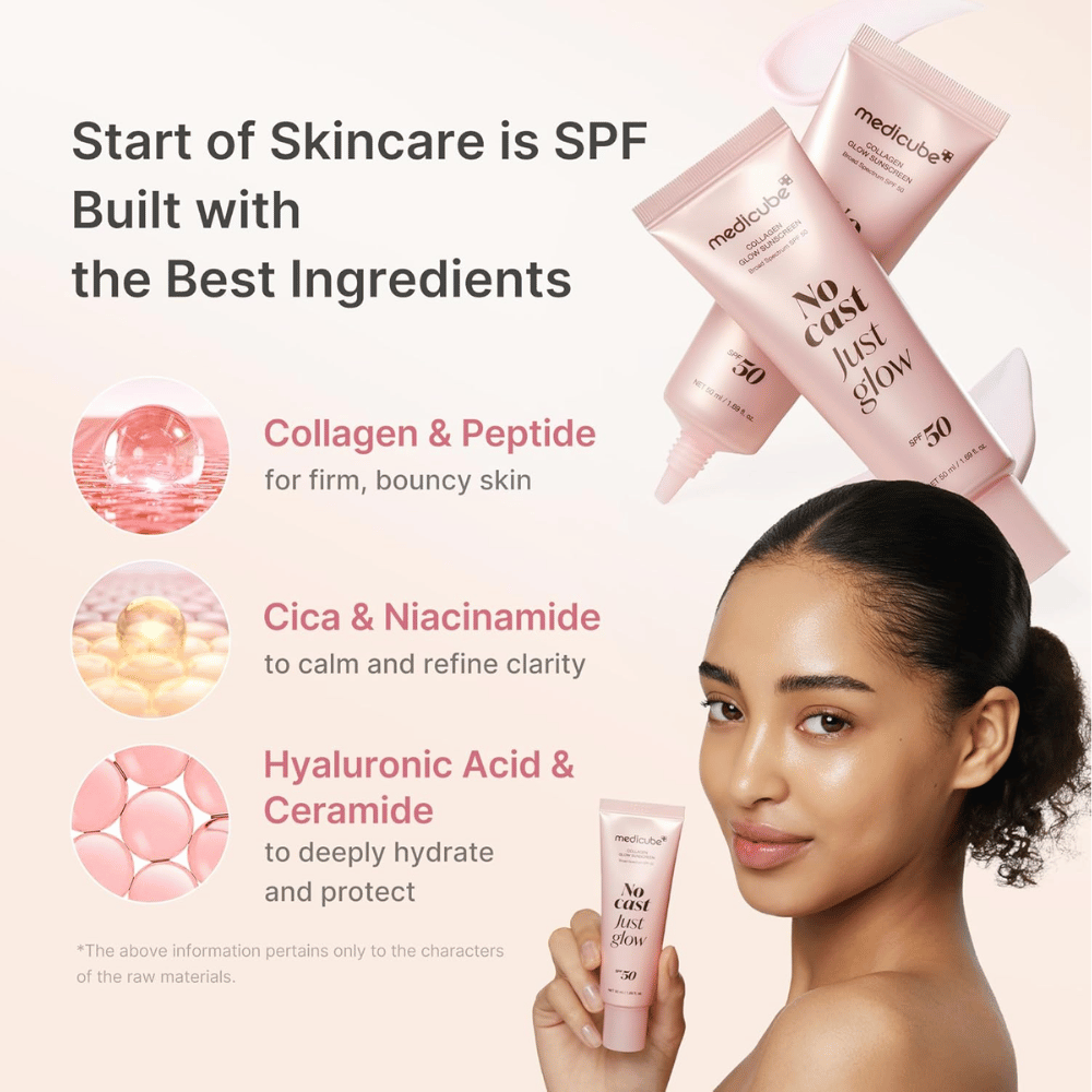Medicube Αντηλιακό Collagen Glow SPF 50 με κολλαγόνο, πεπτίδια, νιασιναμίδη και υαλουρονικό οξύ. Μοντέλο κρατά το ροζ σωληνάριο αντηλιακού ψηλά.
