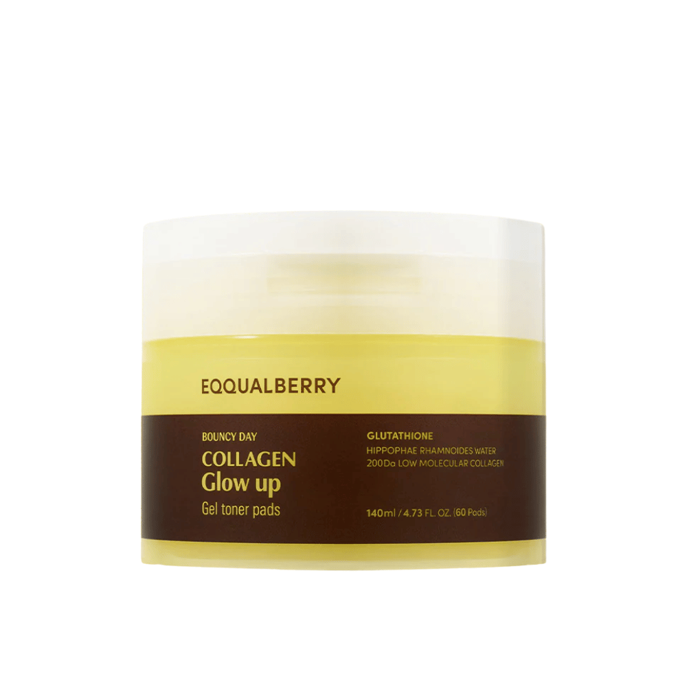 Bouncy Day Collagen Glow Up Gel Toner Pads, περιέχει χαμηλού μοριακού βάρους κολλαγόνο και γλουταθειόνη, για να βελτιώσει την ελαστικότητα του δέρματος και να δώσει μια νεανική λάμψη. Συσκευασία με 60 επιθέματα.