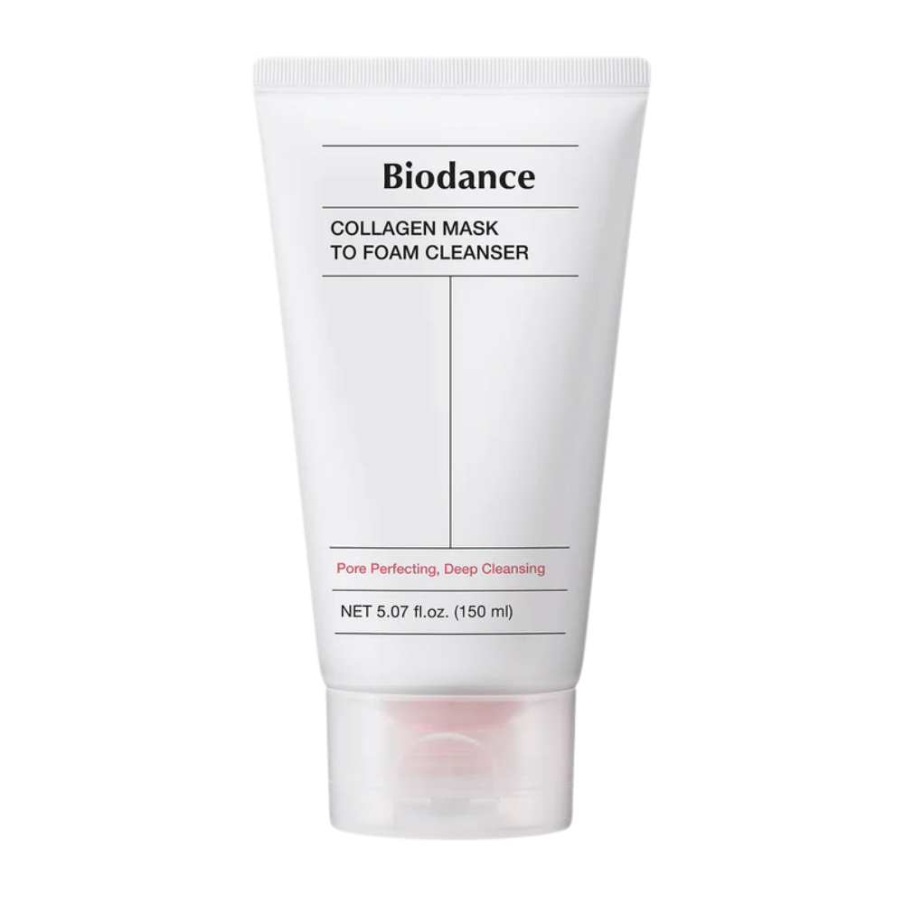 Εικόνα προϊόντος στο Biodance Collagen Mask to Foam Cleanser σε λευκό σωληνάριο με μαύρο κείμενο και ροζ λεπτομέρειες. Χωράει 150 ml και προωθείται ως βαθύ καθαριστικό και βελτιωτικό πόρων.