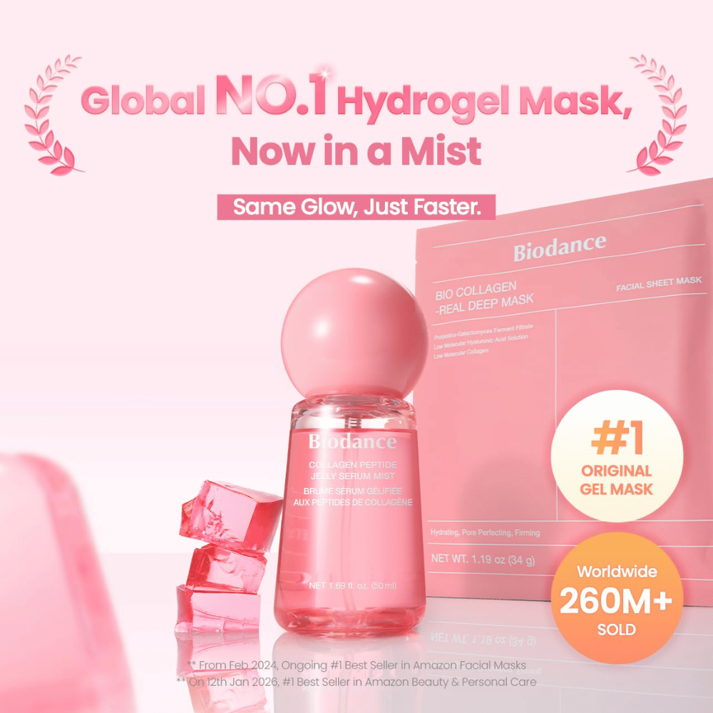 Biodance Collagen Peptide Jelly Serum Mist μαζί με το Biodance Bio-Collagen Real Deep Mask – περιποίηση δέρματος εμπνευσμένη από hydrogel για glow και ενυδάτωση.