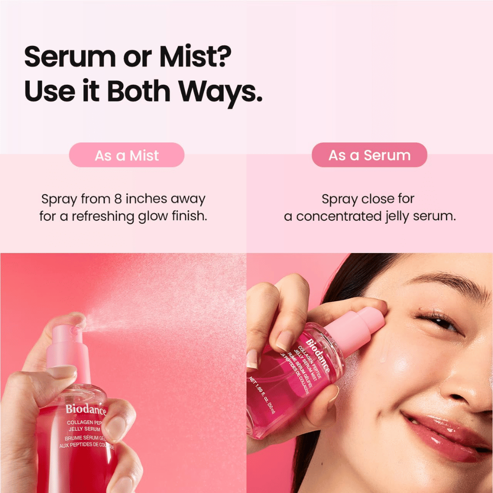 Biodance Collagen Peptide Jelly Serum Mist μπορεί να χρησιμοποιηθεί τόσο ως mist προσώπου όσο και ως serum για ενυδάτωση και φρέσκο, λαμπερό φινίρισμα.