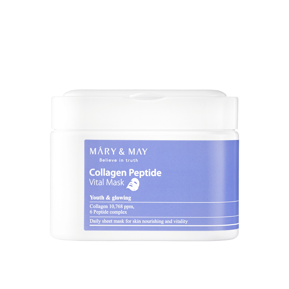 Collagen Peptide Vital Mask" από MARY & MAY σε ένα λευκό και μοβ βάζο. Το προϊόν περιέχει 10,768 ppm κολλαγόνου και ένα σύμπλεγμα πεπτιδίων για να παρέχει θρέψη και λάμψη στο δέρμα. Αυτή η καθημερινή μάσκα προσώπου έχει σχεδιαστεί για να προσφέρει νεανική και λαμπερή επιδερμίδα