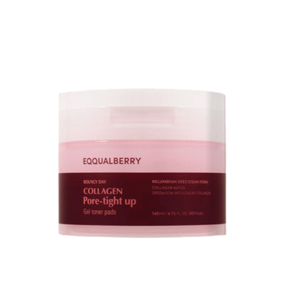 Ένα βαζάκι με Bouncy Day Collagen Pore-Tight Up Gel Toner Pads. Το βαζάκι είναι ροζ και κόκκινο, και περιέχει 140 ml προϊόντος που βοηθά στη σύσφιξη της επιδερμίδας και στη μείωση του μεγέθους των πόρων.