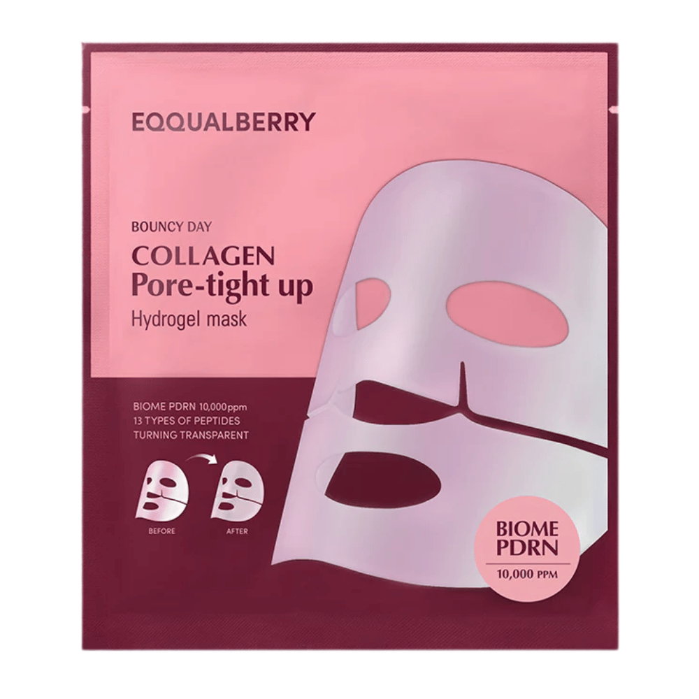 Η συσκευασία για Collagen Pore-tight Up Hydrogel Mask, μια μάσκα προσώπου με βιομηχανία PDRN και 13 τύπους πεπτιδίων, φαίνεται σε μια ροζ συσκευασία με εικόνες πριν και μετά από τα αποτελέσματα της μάσκας.
