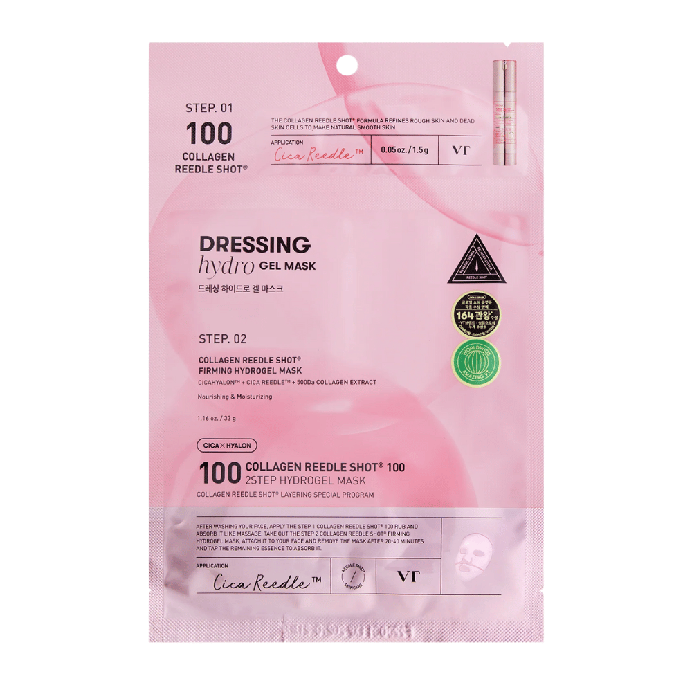 Συσκευασία του VT Collagen Reedle Shot 100 2-Step Hydrogel Mask σε ροζ σχεδίαση. Εμφανίζει το βήμα 1 με Cica Reedle™ και το βήμα 2 με συσφικτική υδρογέλη μάσκα που περιέχει CICAHYALON™ και εκχύλισμα κολλαγόνου 500Da.