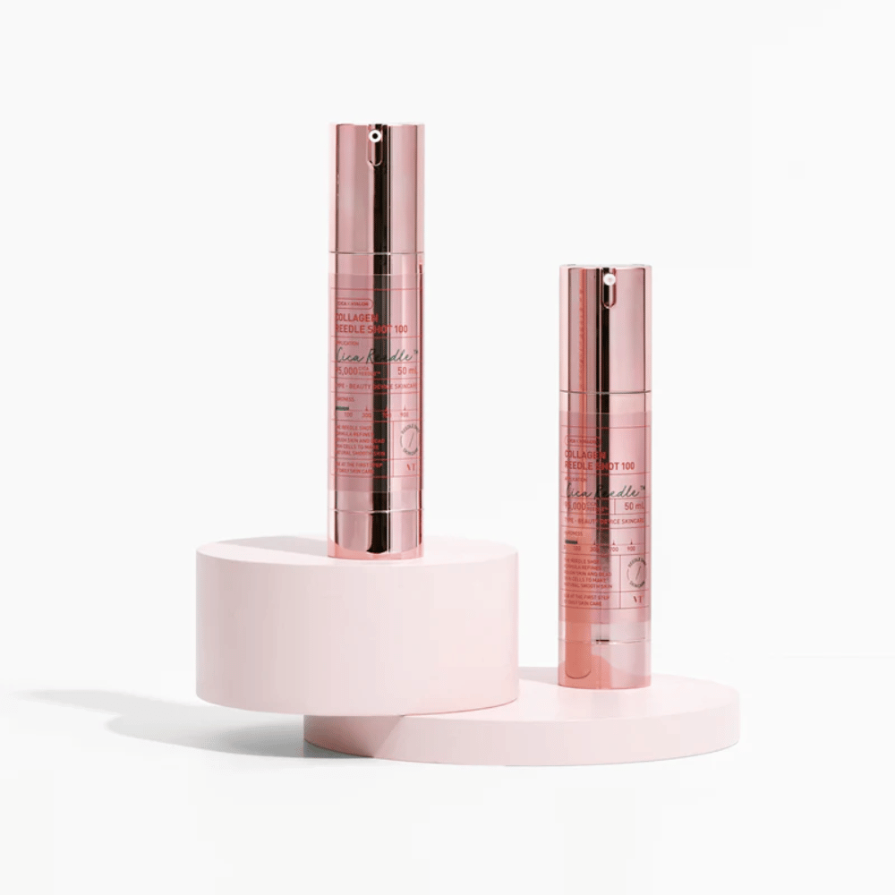 Δύο φιάλες VT Collagen Reedle Shot 100 σε ροζ σχεδιασμό. Ορός σύσφιξης με Cica και κολλαγόνο.