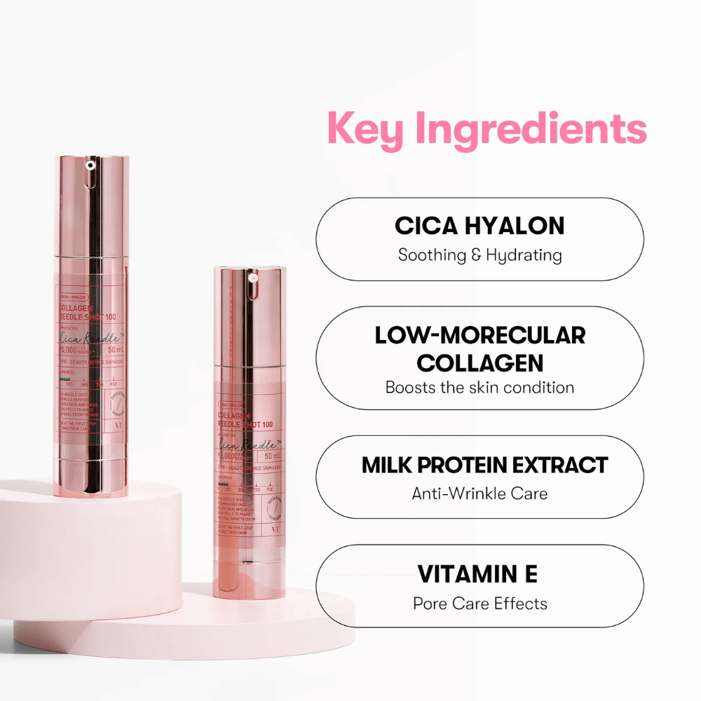 Κοντινό πλάνο του VT Collagen Reedle Shot 100 και των βασικών του συστατικών: Cica Hyalon, κολλαγόνο, πρωτεΐνη γάλακτος και βιταμίνη Ε.