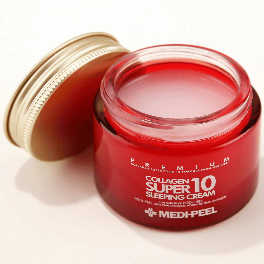 Κοντινό πλάνο στο MEDI-PEEL Collagen Super 10 Sleeping Cream με υφή κρέμας ζελ που απορροφάται κατά τη διάρκεια της νύχτας και παρέχει εντατική ενυδάτωση.