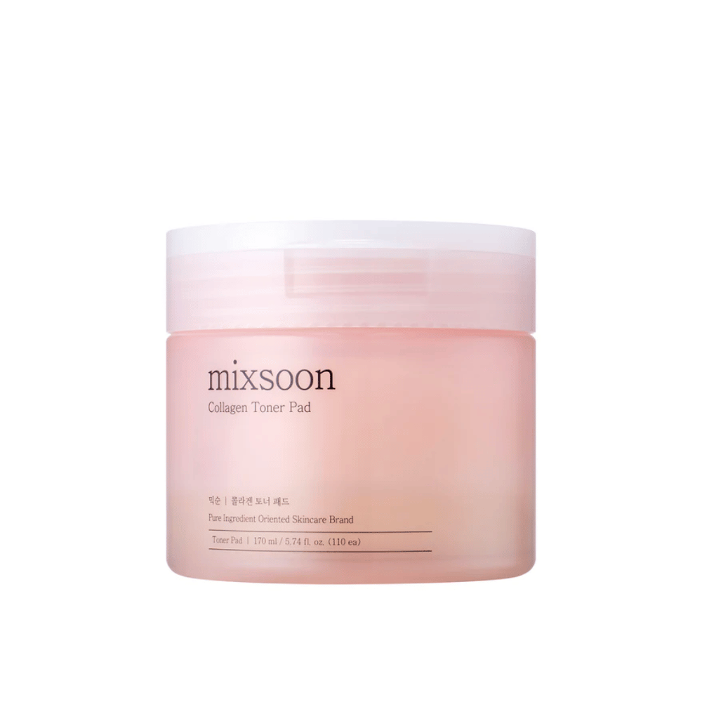 Mixsoon Collagen Toner Pad σε ένα κομψό, ροζ δοχείο με 110 επιθέματα - ενυδατική τονωτική λοσιόν για καθημερινή περιποίηση δέρματος.