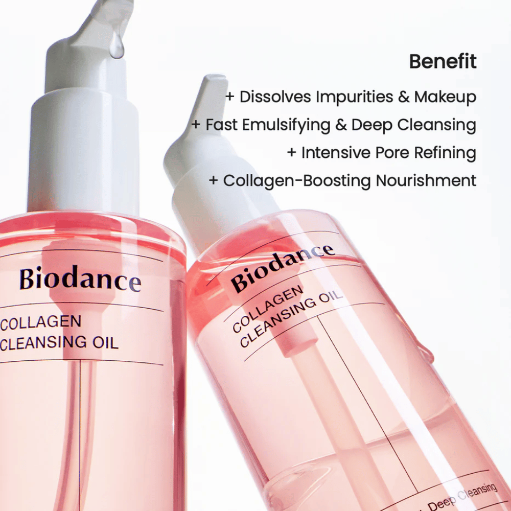 Δύο μπουκάλια από Biodance Collagen Cleansing Oil με ροζ χρωματισμένο υγρό και λευκή αντλία, τοποθετημένα σε φωτεινό φόντο. Το κείμενο αναφέρει οφέλη όπως βαθύ καθαρισμό, αφαίρεση μακιγιάζ και υποστήριξη κολλαγόνου.