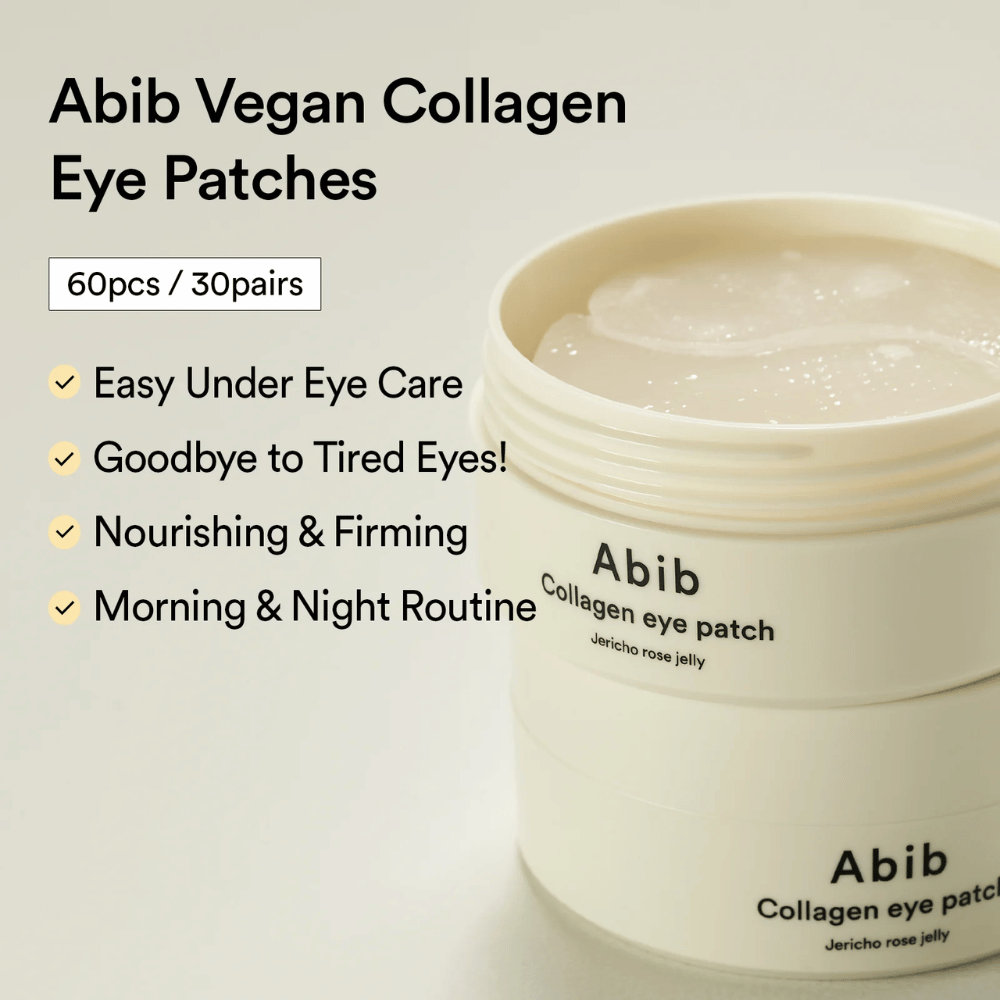 Abib Collagen Eye Patch Jericho Rose Jelly σε ανοιχτό δοχείο με ορατά επιθέματα ματιών. Το κείμενο περιγράφει οφέλη όπως εύκολη φροντίδα για κουρασμένα μάτια, συσφιγκτική επίδραση και χρήση πρωί και βράδυ. 60 τμχ / 30 ζεύγη.
