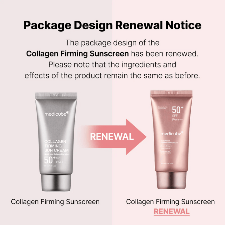 Medicube Collagen Firming Sunscreen har fått ny förpackningsdesign – från silverfärgad tub till roségul, med samma ingredienser och effekt som tidigare.