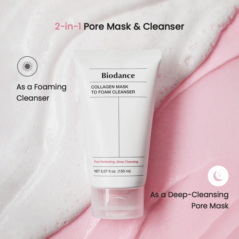 Εικόνα στο Biodance Collagen Mask to Foam Cleanser τοποθετημένη πάνω σε ροζ και λευκή υφή καθαρισμού. Το προϊόν περιγράφεται ως μάσκα καθαρισμού πόρων 2-σε-1 και αφρίζον καθαριστικό.