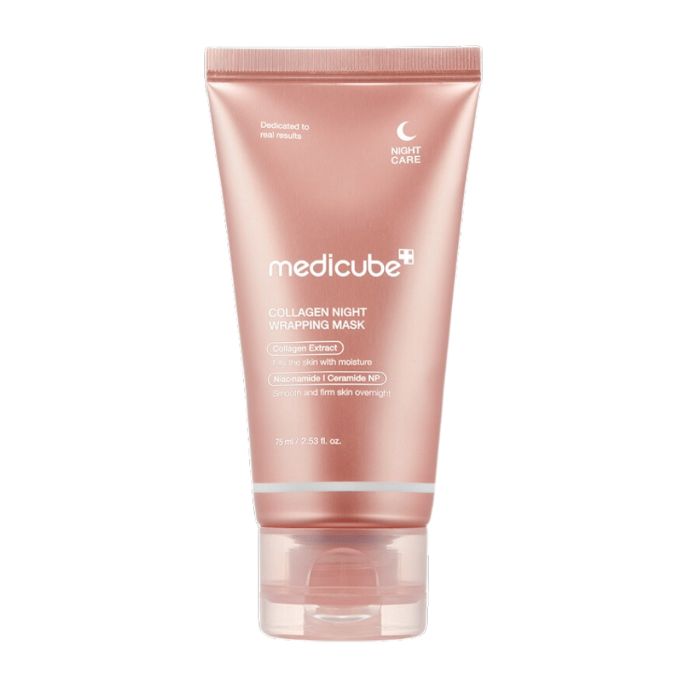 Medicube Collagen Night Wrapping Mask, μια νυχτερινή μάσκα με εκχύλισμα κολλαγόνου που ενυδατώνει και ενισχύει το δέρμα κατά τη διάρκεια της νύχτας. Περιέχει νιασιναμίδη και κεραμίδιο NP για πιο λεία και σφριγηλή επιδερμίδα. Περιεχόμενο: 75 ml.