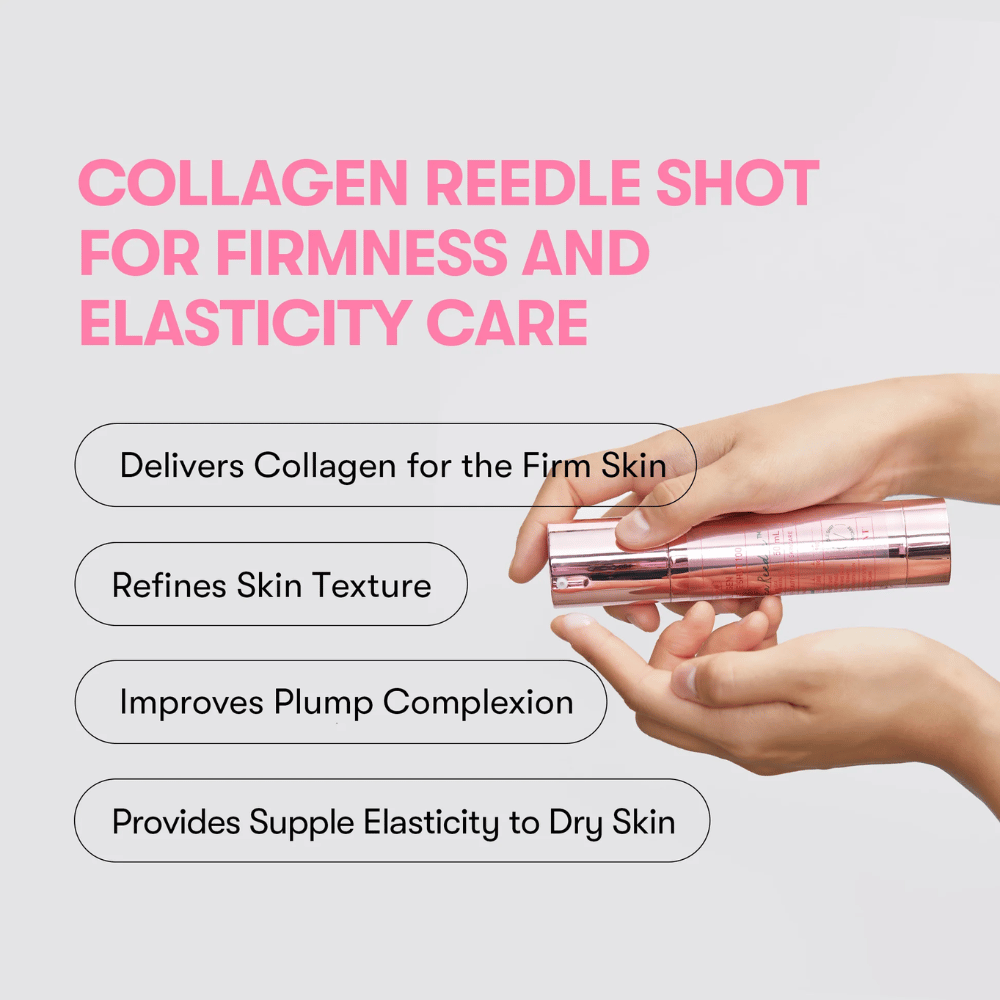 Άτομο κρατά VT Collagen Reedle Shot 100. Ο ορός ενισχύει τη σφριγηλότητα του δέρματος, βελτιώνει την υφή και παρέχει πλούσια ελαστικότητα.