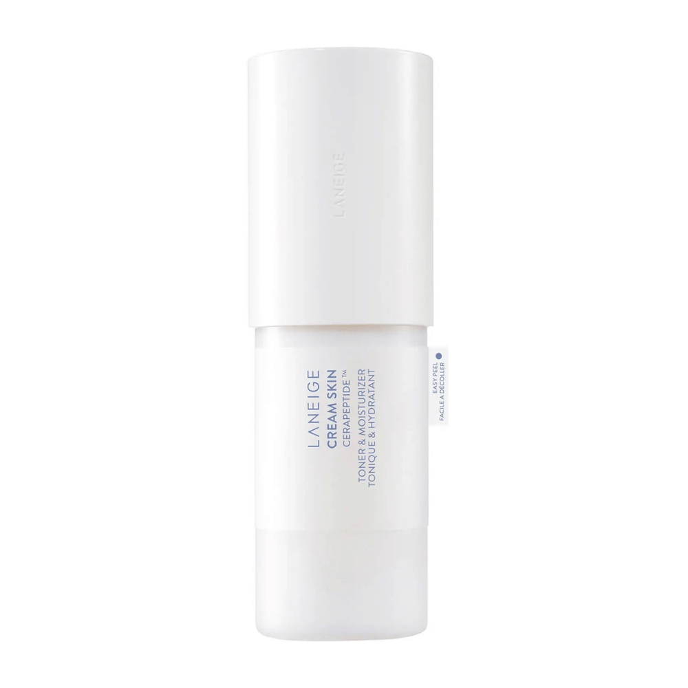 Laneige Cream Skin Cerapeptide Refiner σε ένα λευκό μπουκάλι με αντλία. Το προϊόν συνδυάζει τόνερ και ενυδατική κρέμα, σχεδιασμένο για να ενυδατώνει και να τονώνει το δέρμα.